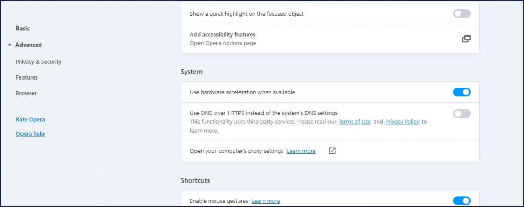 use of hardware acceleration when available in opera brosers